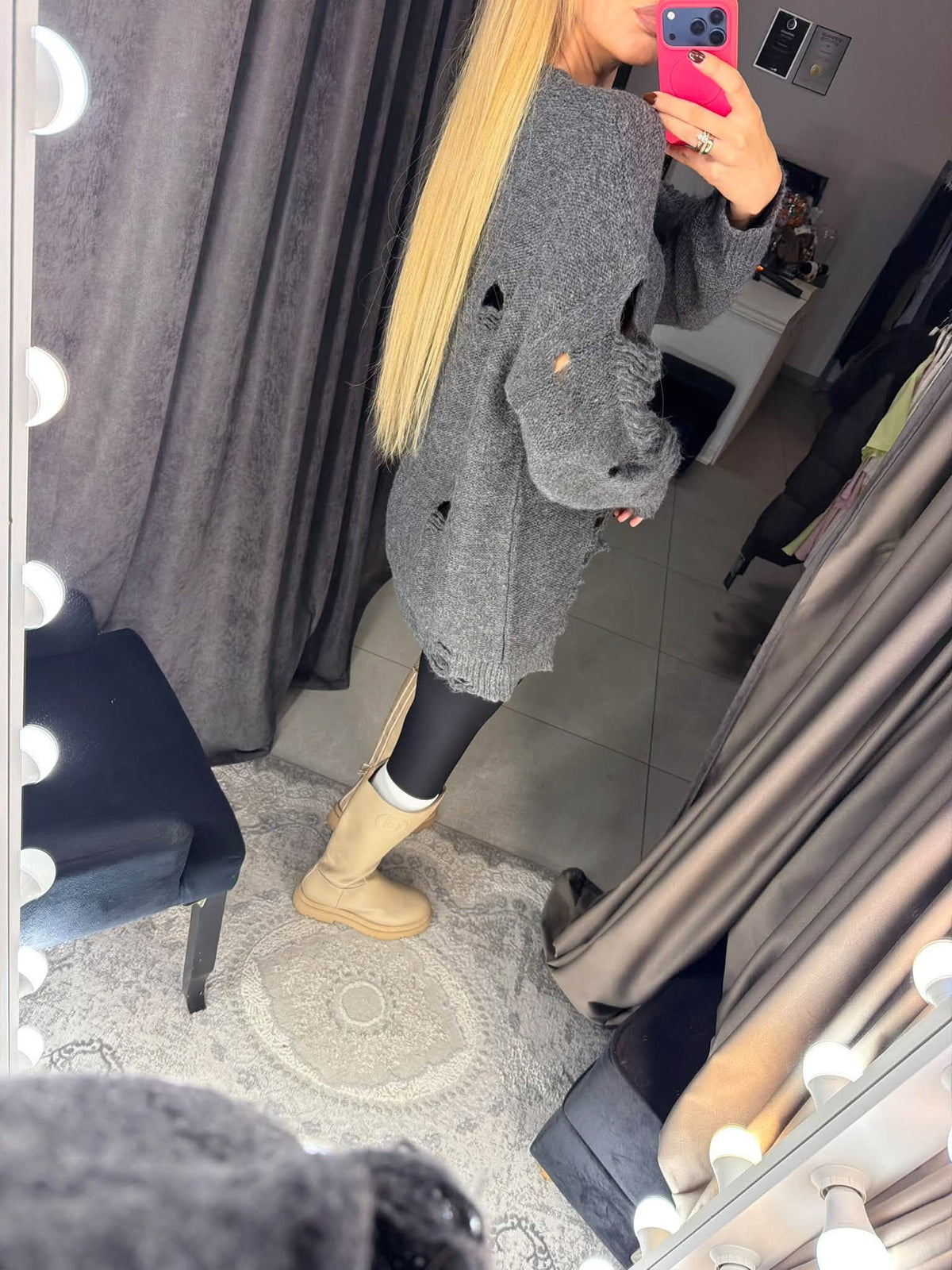Charcoal grey oversized distressed knit sweater