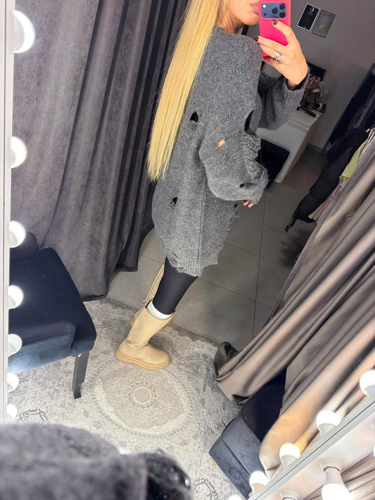Charcoal grey oversized distressed knit sweater