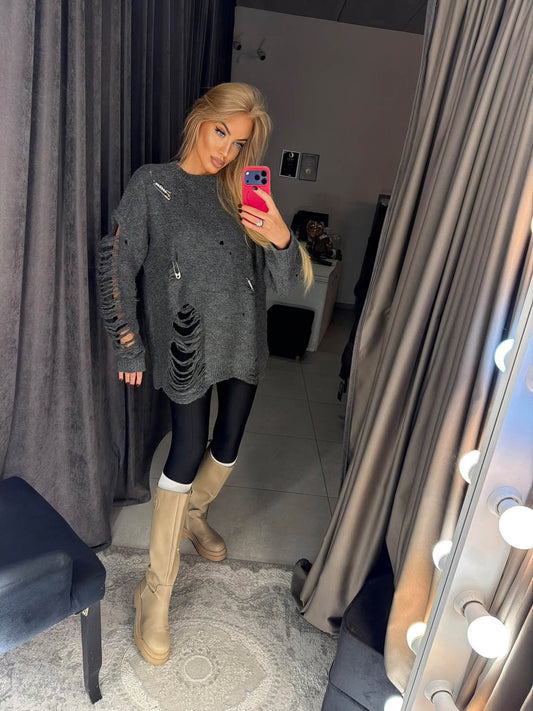Charcoal grey oversized distressed knit sweater, front view