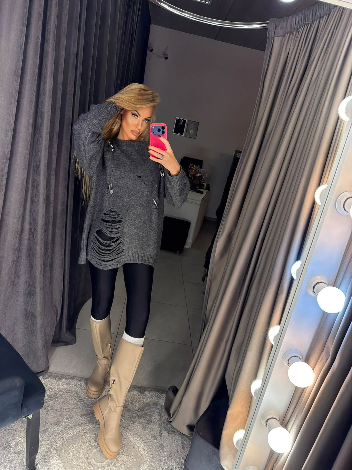 Charcoal grey oversized knit sweater, side view