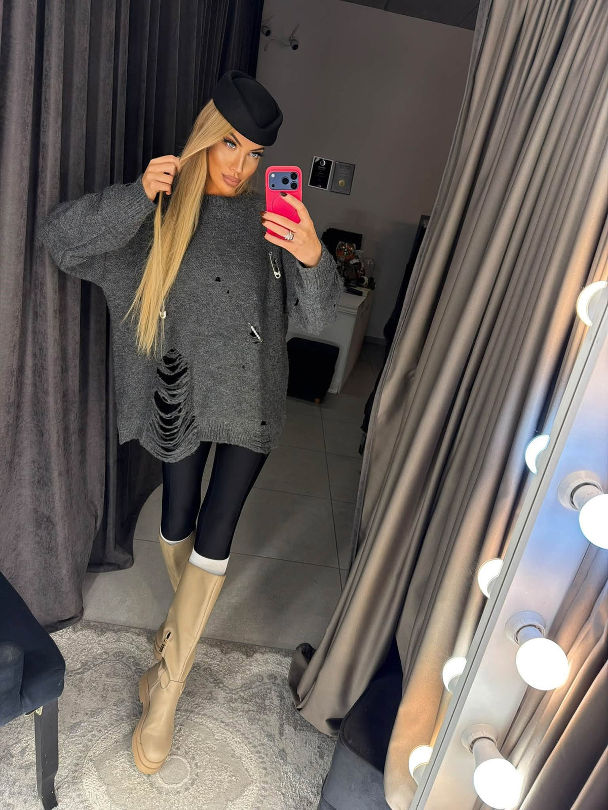 Charcoal grey oversized knit sweater, detail view
