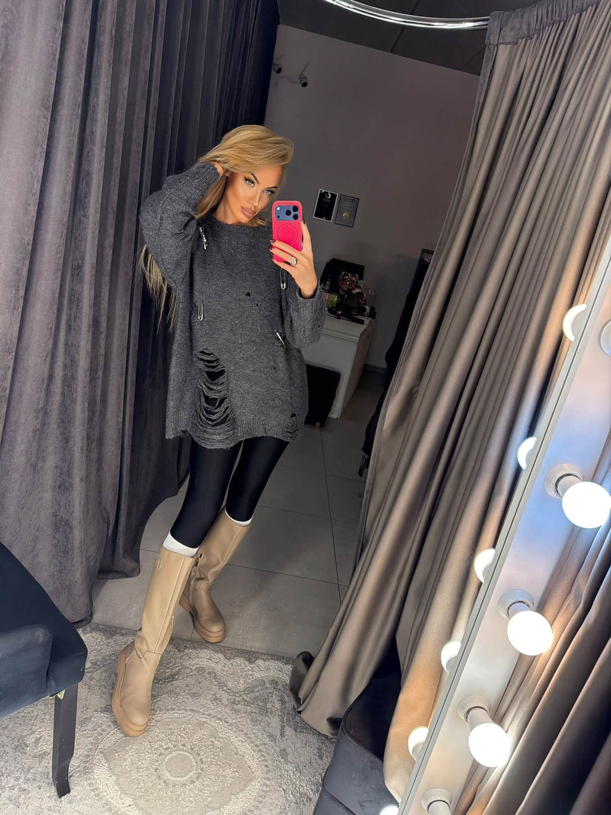 Charcoal grey oversized knit sweater, front view