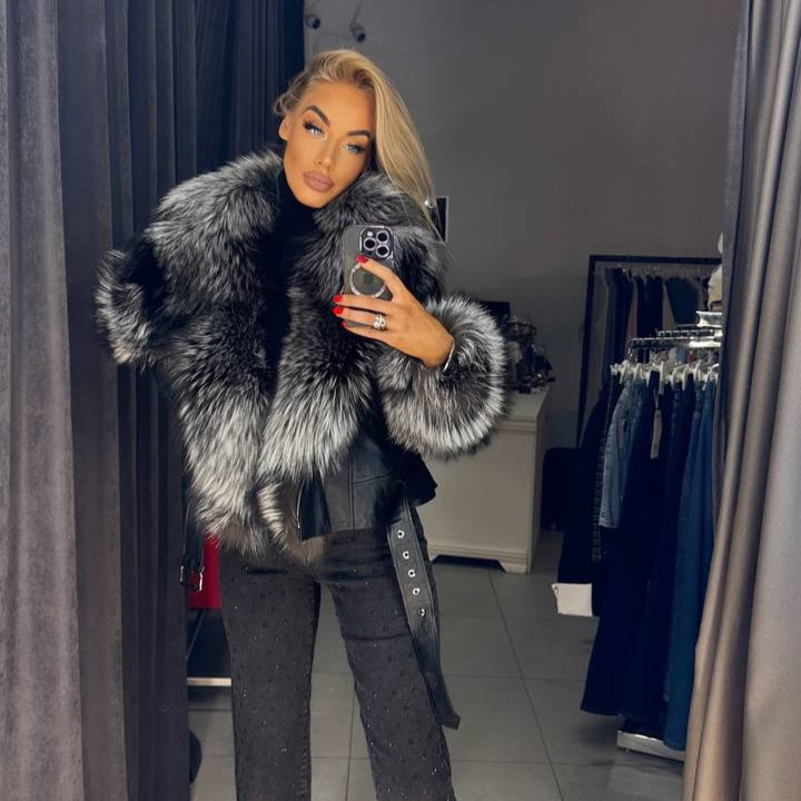 Image1 of Black Leather Jacket with Fox Fur 