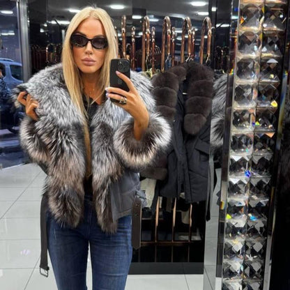 Image1 of Dark Gray Leather Jacket with Fox Fur from EME boutique