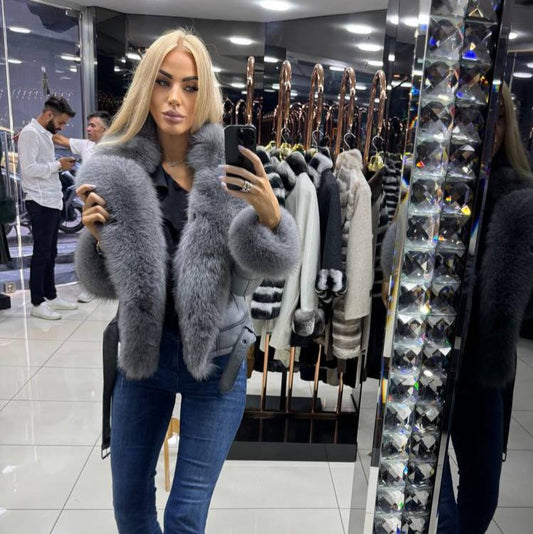 Image1 of Gray Leather Jacket with Fox Fur from EME boutique