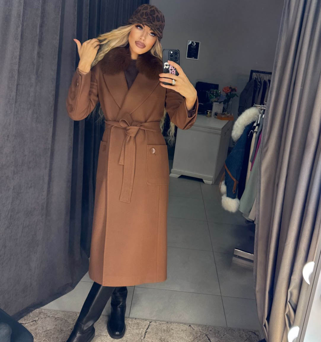 Image1 of Long Cashmere-Wool Coat with Natural Fur and Belt from EME Boutique