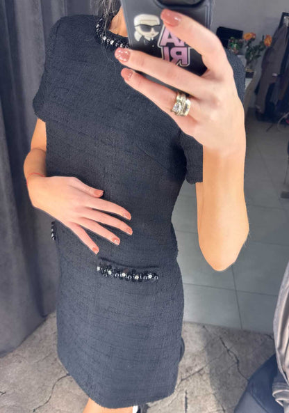 Image1 of Short Sleeve Tweed Dress with Pearls from EME Boutique