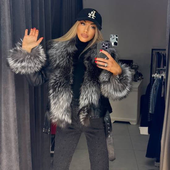 Image2 of Black Leather Jacket with Fox Fur 