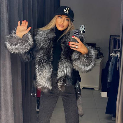 Image2 of Black Leather Jacket with Fox Fur 
