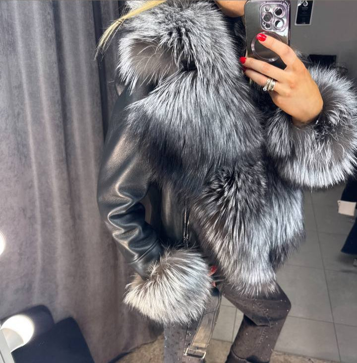 Image3 of Black Leather Jacket with Fox Fur 