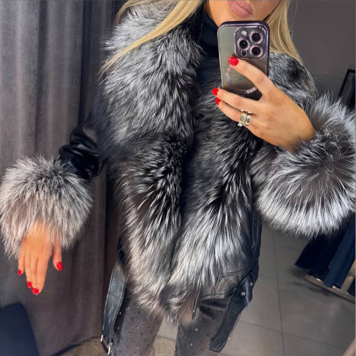 Image4 of Black Leather Jacket with Fox Fur 