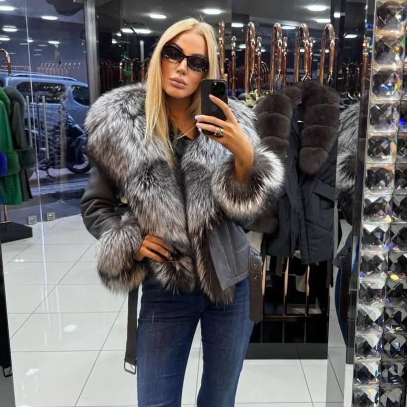 Image4 of Dark Gray Leather Jacket with Fox Fur from EME boutique
