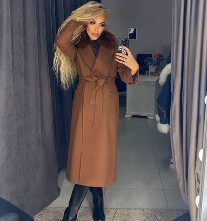 Image4 of Long Cashmere-Wool Coat with Natural Fur and Belt from EME Boutique