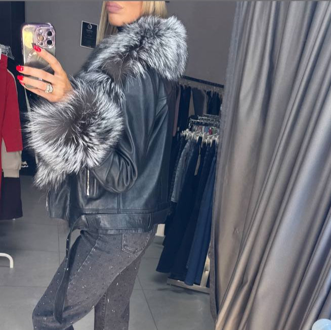 Image5 of Black Leather Jacket with Fox Fur 