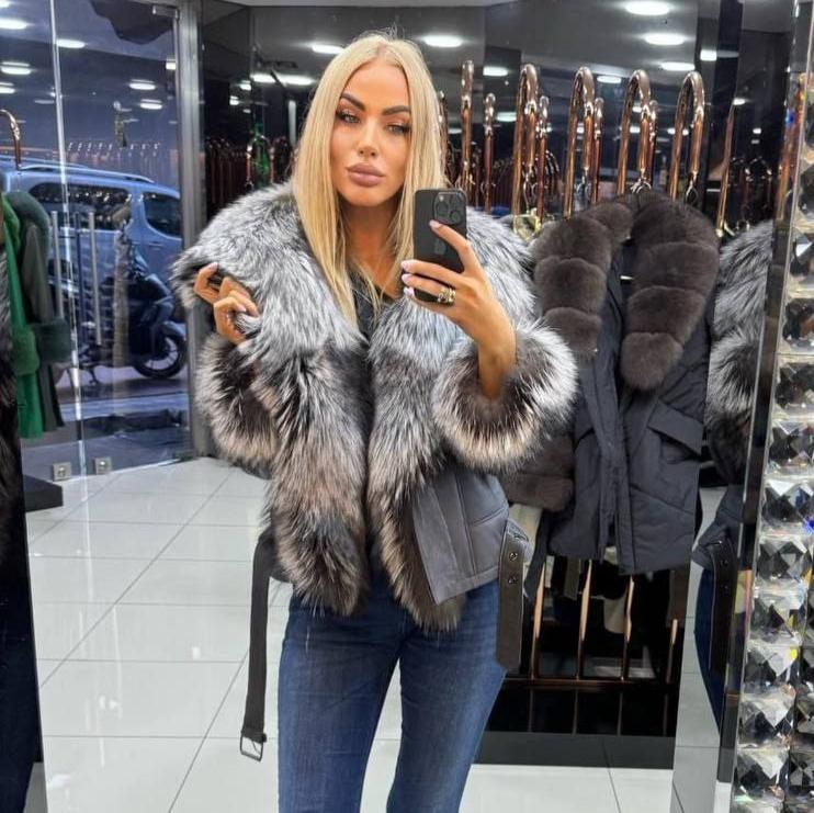 Image5 of Dark Gray Leather Jacket with Fox Fur from EME boutique