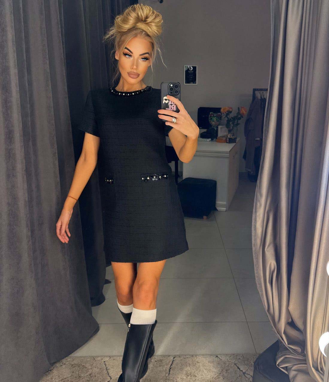 Image6 of Short Sleeve Tweed Dress with Pearls from EME Boutique