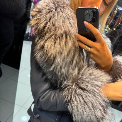 Image8 of Dark Gray Leather Jacket with Fox Fur from EME boutique