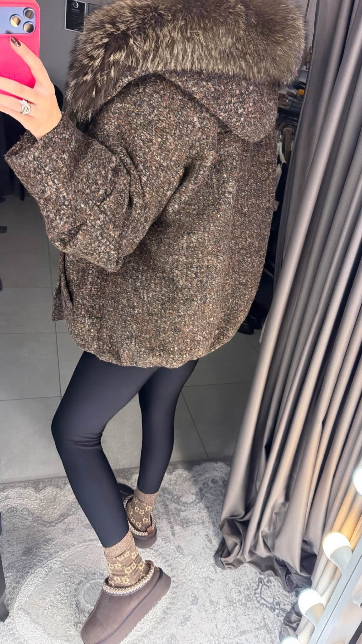 Brown insulated jacket with premium natural fur – back view