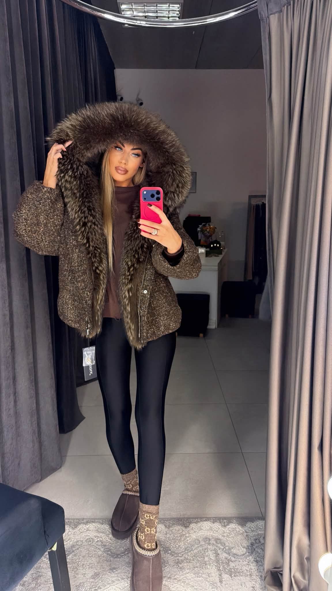 Brown insulated jacket with premium natural fur – front view