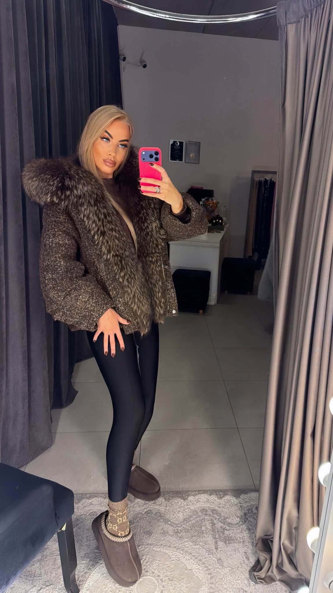 Brown insulated jacket with premium natural fur – side view