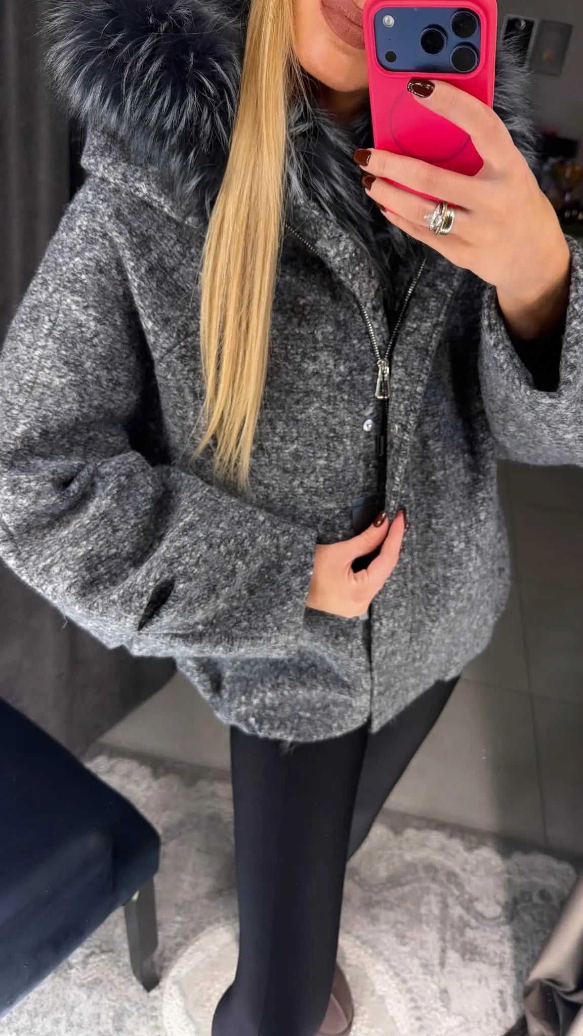 Grey insulated wool-blend jacket with premium natural fur – close-up detail