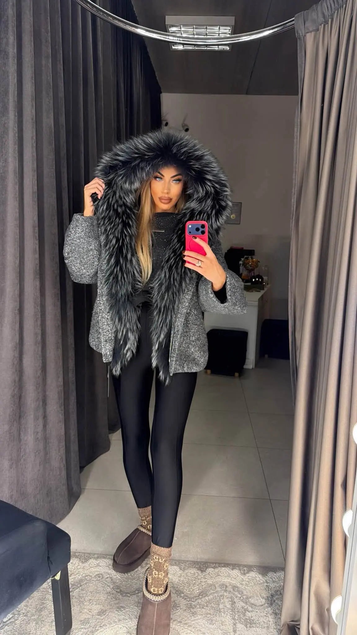 Grey insulated wool-blend jacket with premium natural fur – front view with hood