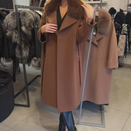 Video1 of Plus-Size Cashmere and Wool Coat with Statement Fur Detail from EME Boutique