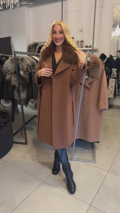 Video1 of Plus-Size Cashmere and Wool Coat with Statement Fur Detail from EME Boutique